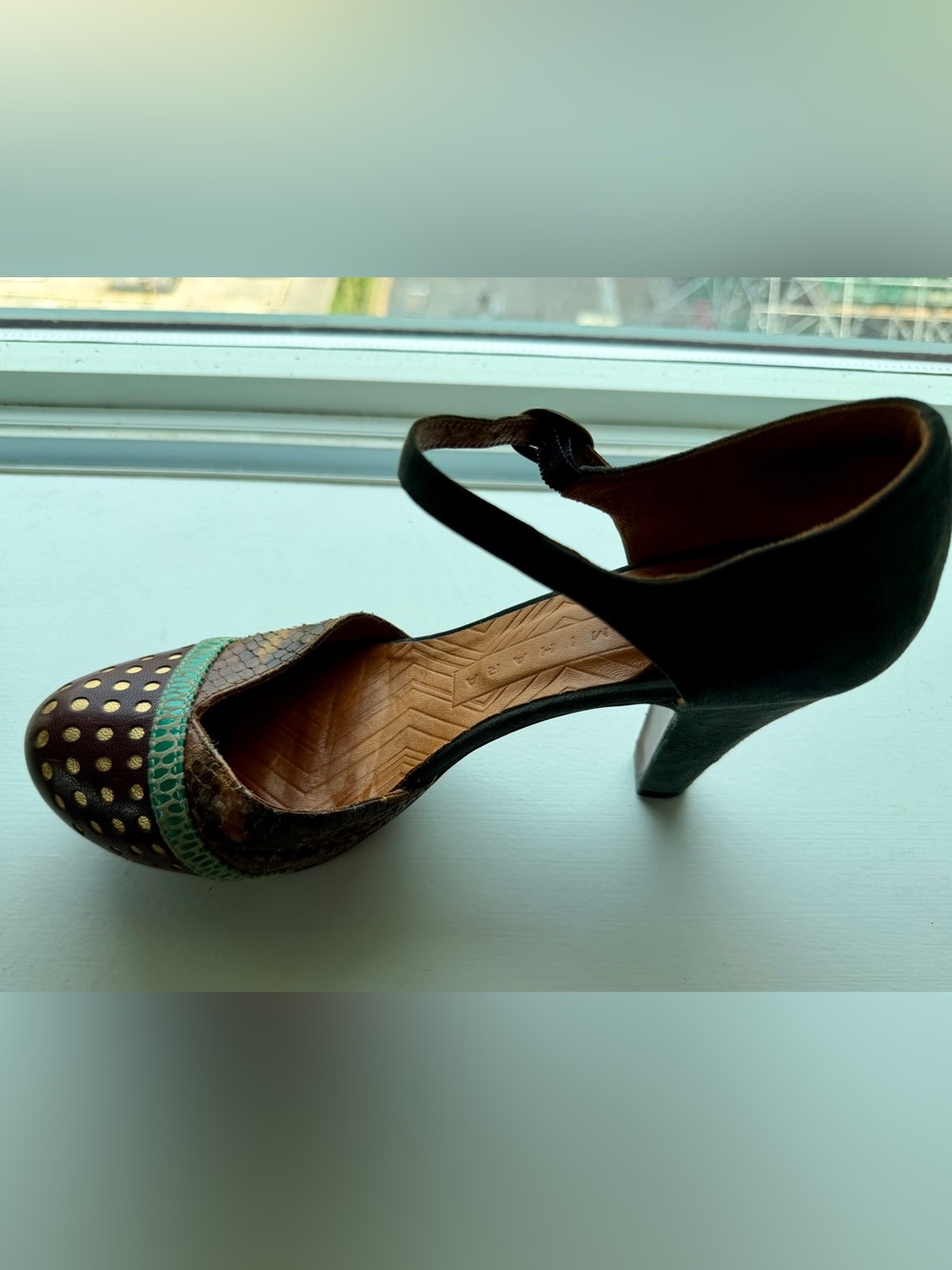 Chie Mihara Ankle Strap Platform Heels in Brown, Grey and Green - Picture 3 of 11